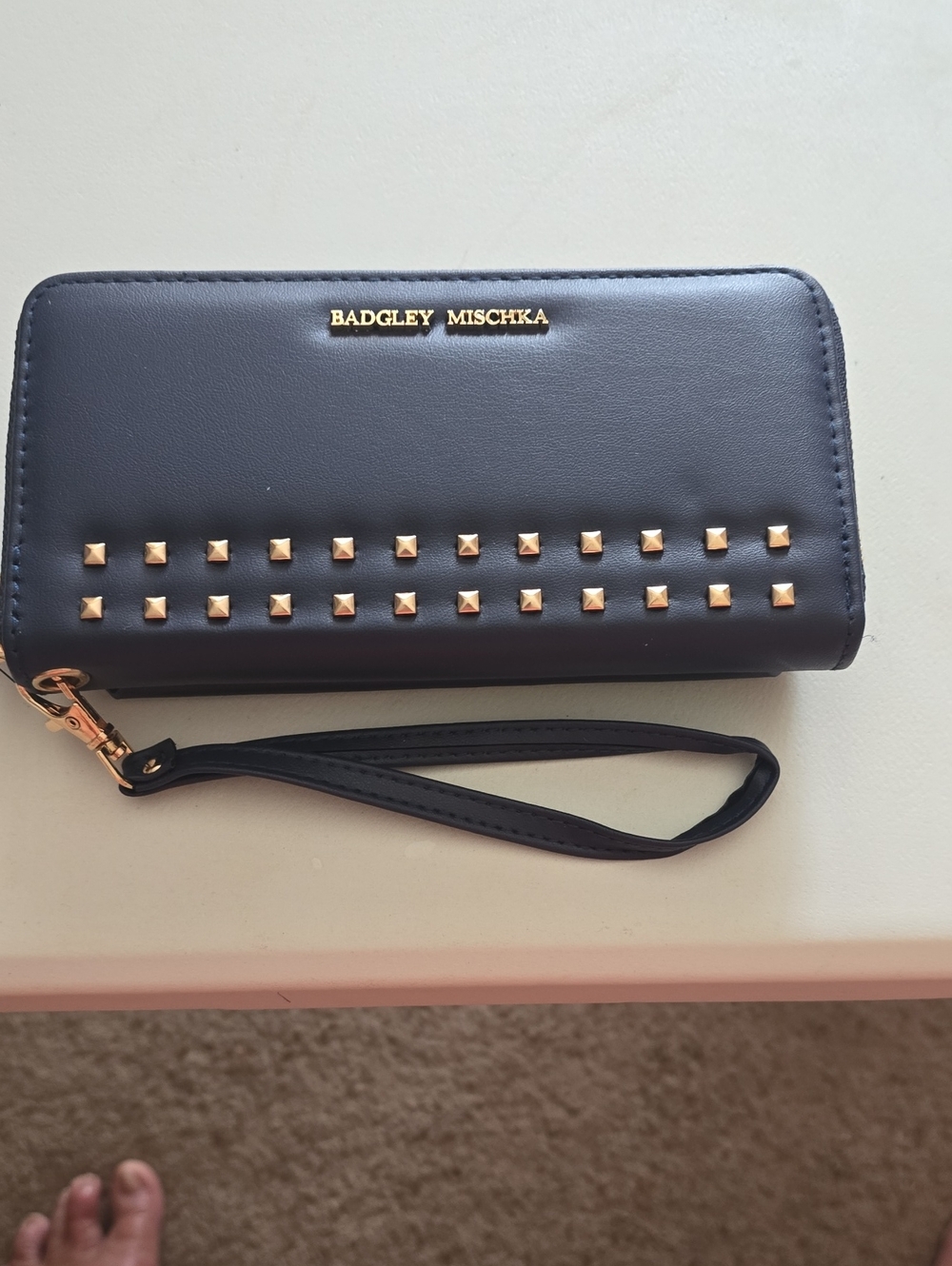 Badgley Mischka Navy Wristlet with Gold Stud Accents